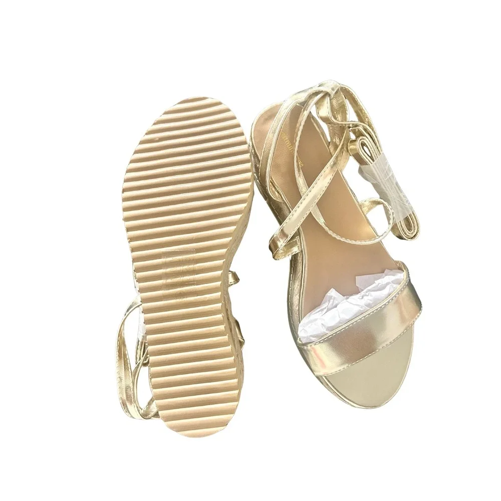 PrettyLittleThing Gold Espadrille Lace Up Platform Sandals Wedges Size 5 NEW